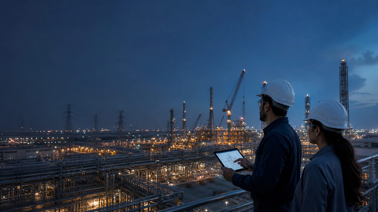 Project controls professionals overlooking a major energy project